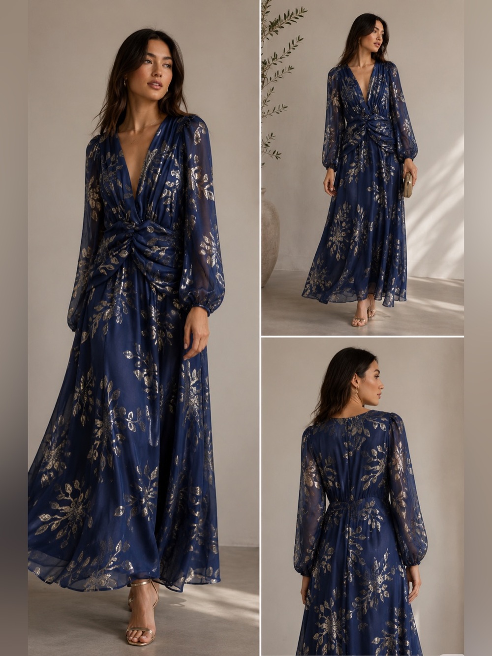 Anthropology $450 DELFI Collective Navy Silver Print Gown‎ Long Dress Pure Silk